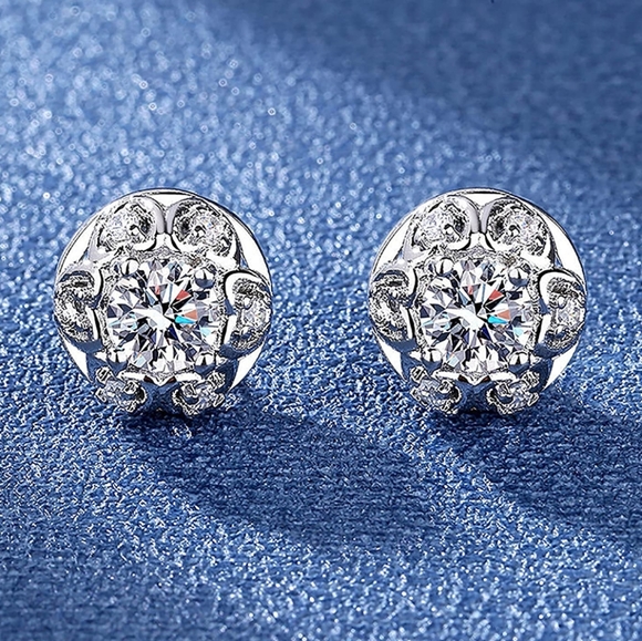 Sterling Silver 7 Crystal Stud Wreath/Floral Shape Stud Earrings - Picture 2 of 12